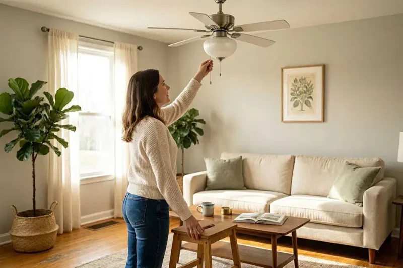 Change ceiling fan to spin counter clockwise.
