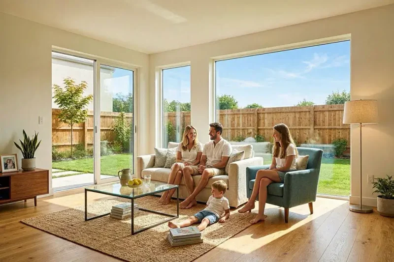 Happy family relaxing inside on a hot day