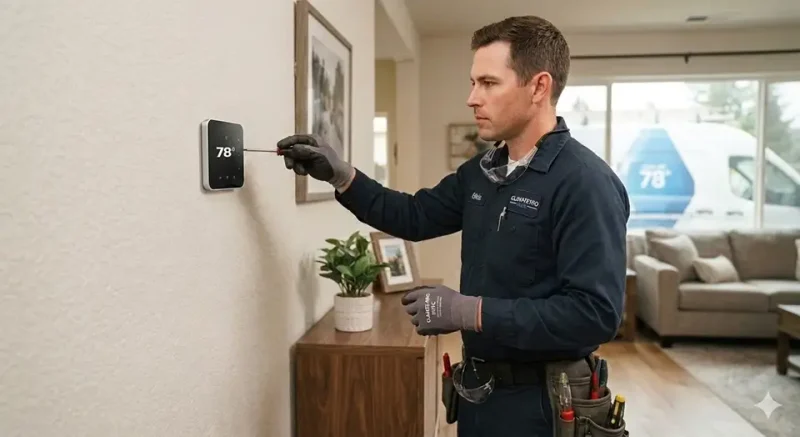 An HVAC technician installing or programming a smart thermostat.