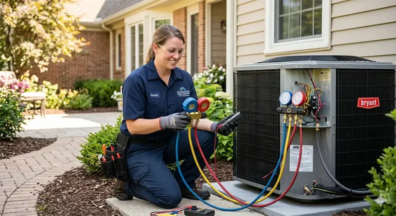 HVAC technician servicing residential air conditioning system