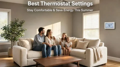 Happy family enjoying their living room nice and cool using the right thermostat setting of 78 degrees for their air conditioning.
