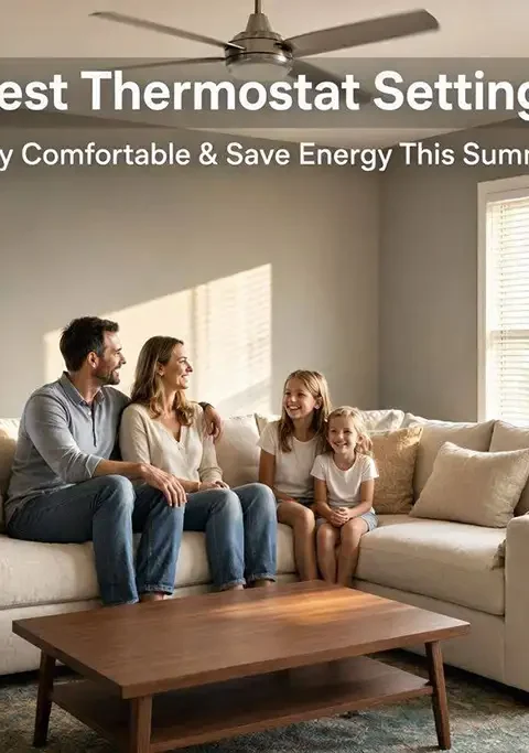 Happy family enjoying their living room nice and cool using the right thermostat setting of 78 degrees for their air conditioning.