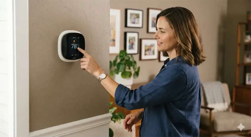 A homeowner adjusting a smart thermostat displaying 78°F.