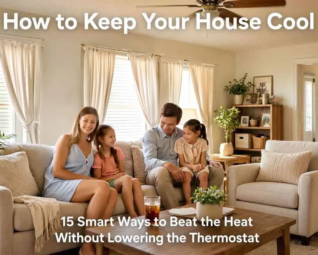 A bright, comfortable living room with sunlight filtered through closed blinds, a ceiling fan running, and a family relaxing while the home stays cool on a hot summer day.