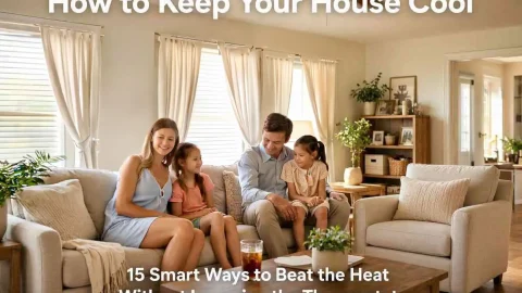 A bright, comfortable living room with sunlight filtered through closed blinds, a ceiling fan running, and a family relaxing while the home stays cool on a hot summer day.
