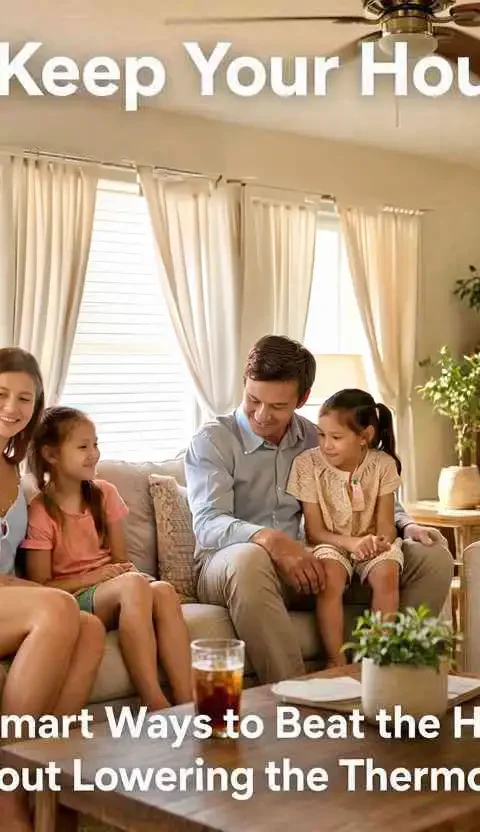 A bright, comfortable living room with sunlight filtered through closed blinds, a ceiling fan running, and a family relaxing while the home stays cool on a hot summer day.