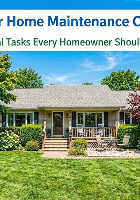A bright, sunny photo of a well-maintained suburban home with: Green lawn Blue sky Mature landscaping Clean roof Patio or porch Summer flowers