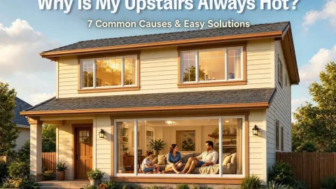 A bright two-story home on a sunny summer day with a family relaxing comfortably downstairs while warm sunlight shines on the second-story windows.