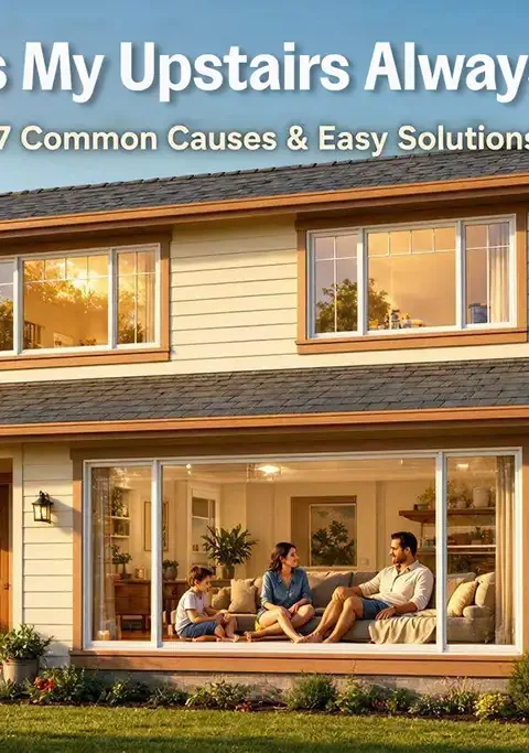 A bright two-story home on a sunny summer day with a family relaxing comfortably downstairs while warm sunlight shines on the second-story windows.