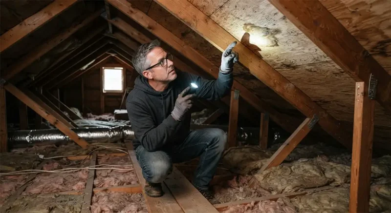 Homeowner inspecting attic for signs of roof leaks