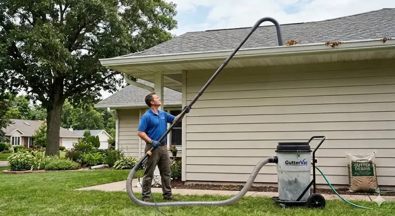 Professional gutter cleaner servicing residential home