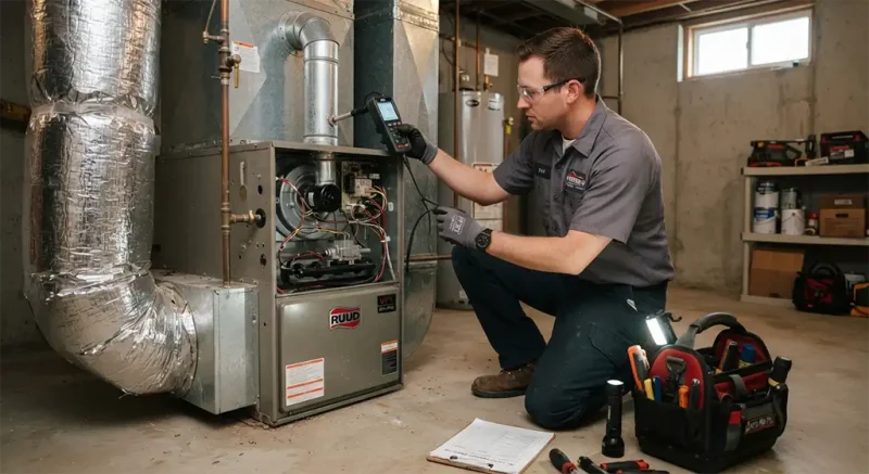 HVAC technician inspecting residential furnace before winter