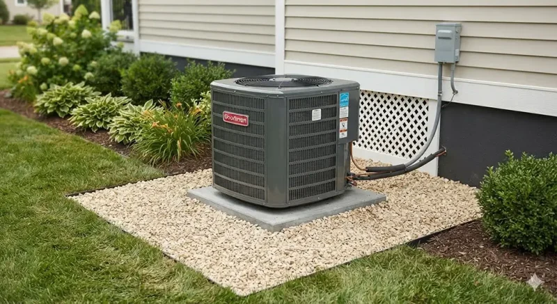 Residential outdoor air conditioning condenser with clear space around the unit.
