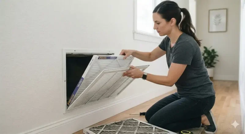 A woman changing indoor HVAC air filter with a new, clean filter