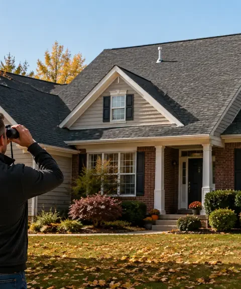 Homeowner inspecting residential roof before winter