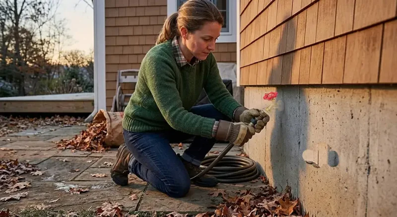 Homeowner disconnecting garden hose from outdoor faucet before winter