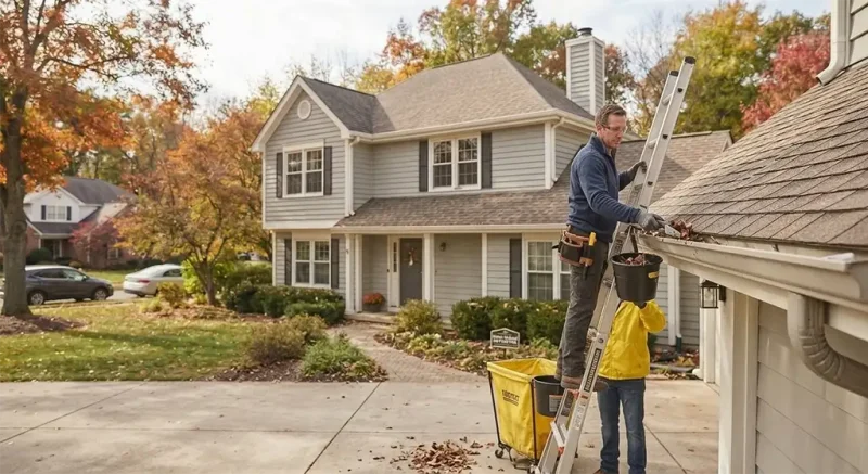Fall home with clean gutters and autumn leaves
