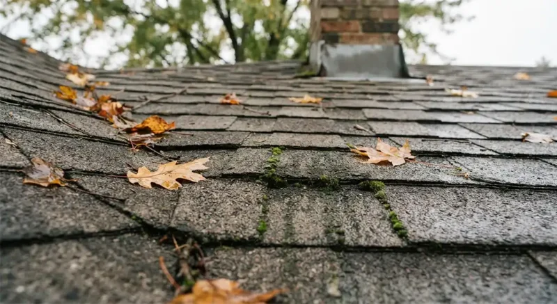 Leaves and moss on residential roof shingles during fall