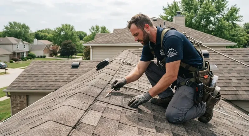 Roofing professional inspecting residential roof shingles.