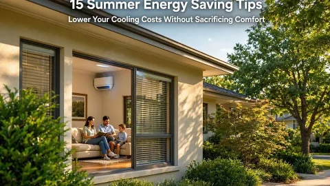 A bright, energy-efficient home on a sunny summer afternoon with the air conditioner running, blinds partially closed, lush landscaping providing shade, and a family relaxing comfortably indoors.
