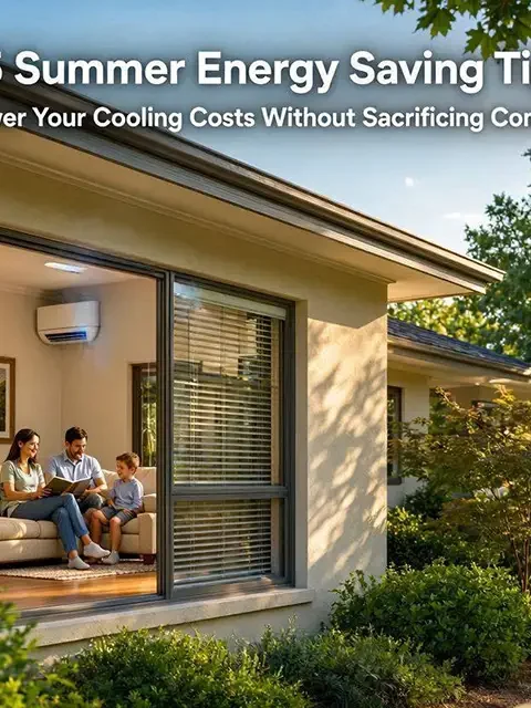 A bright, energy-efficient home on a sunny summer afternoon with the air conditioner running, blinds partially closed, lush landscaping providing shade, and a family relaxing comfortably indoors.