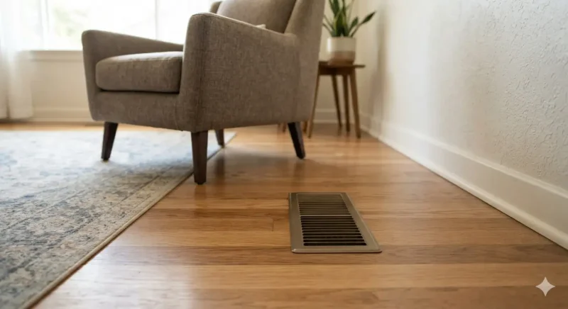 Unobstructed residential HVAC floor vent allowing cool air to circulate efficiently