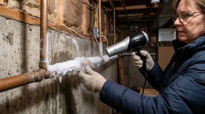 Frozen residential water pipe being safely thawed