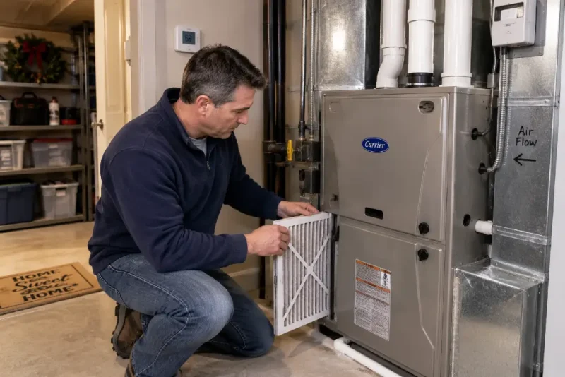 Homeowner replacing a furnace air filter before winter