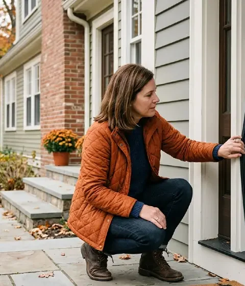 Homeowner inspecting the seal around an exterior front door on a cool autumn day, with the house visible behind them and subtle fall foliage.