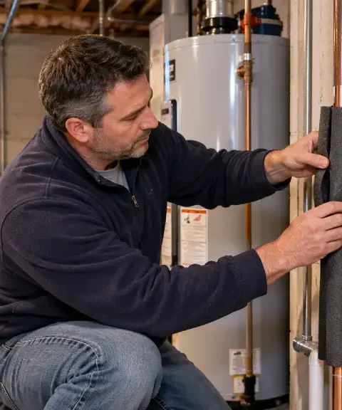 Homeowner inspecting water pipes to prevent frozen pipes before winter