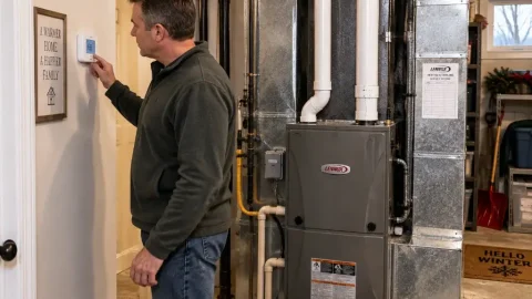 Homeowner preparing a furnace for winter