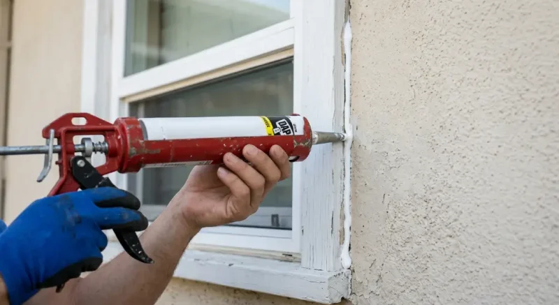 Applying caulk around residential window frame to seal draft
