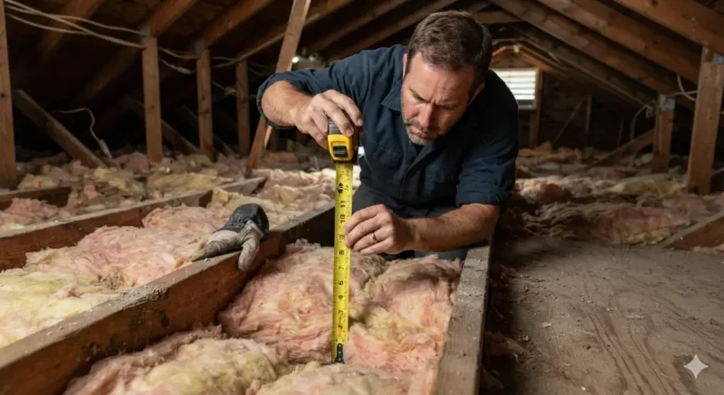 homeowner checking attic insulation height