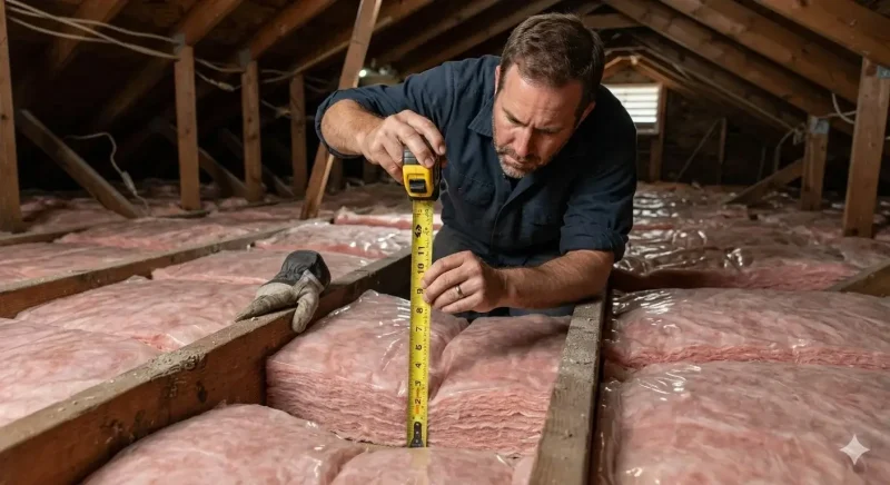 Homeowner inspecting fiberglass insulation in unfinished attic