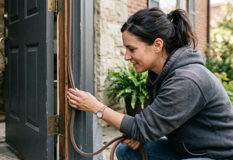 Homeowner replacing weatherstripping around exterior door