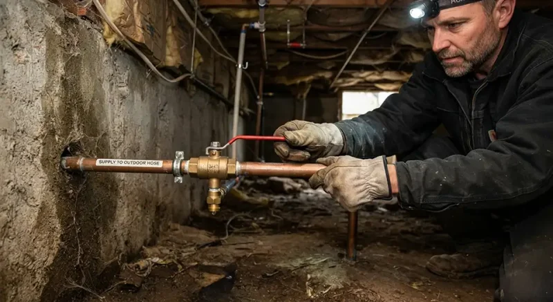Interior shutoff valve for outdoor faucet plumbing