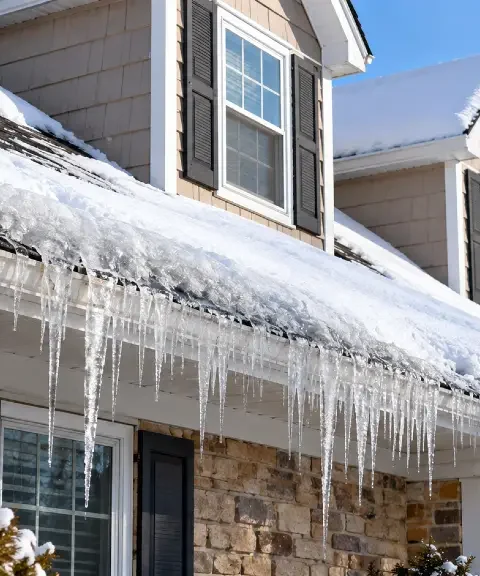 A snow-covered suburban house in winter, viewed from ground level, with a visible line of ice buildup along the lower roof edge and icicles hanging from the eaves.
