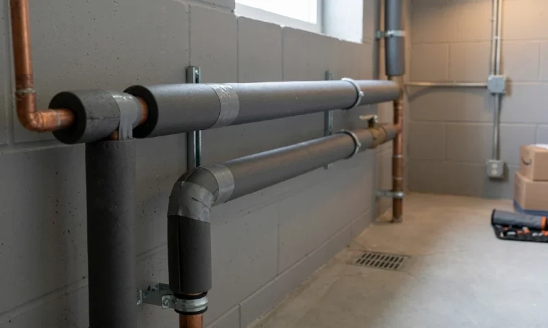 Insulated water pipes in basement protected from freezing