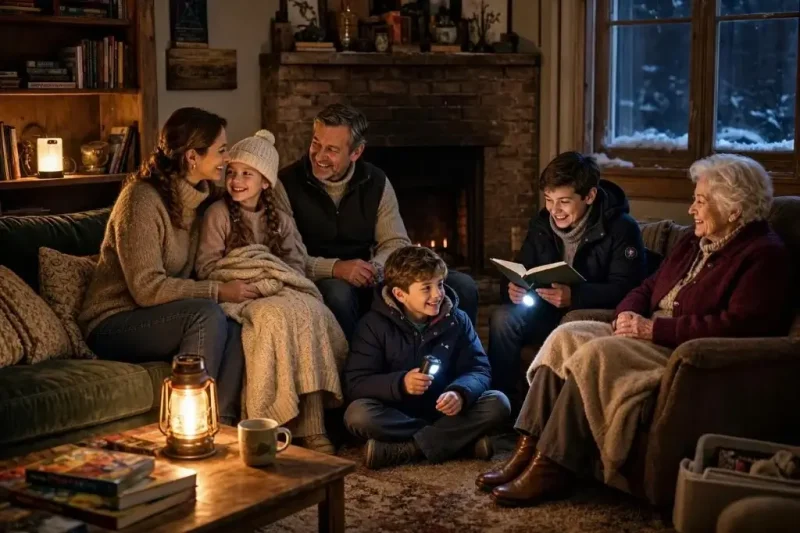 Family staying warm together indoors during a winter power outage using blankets and battery-powered lighting.