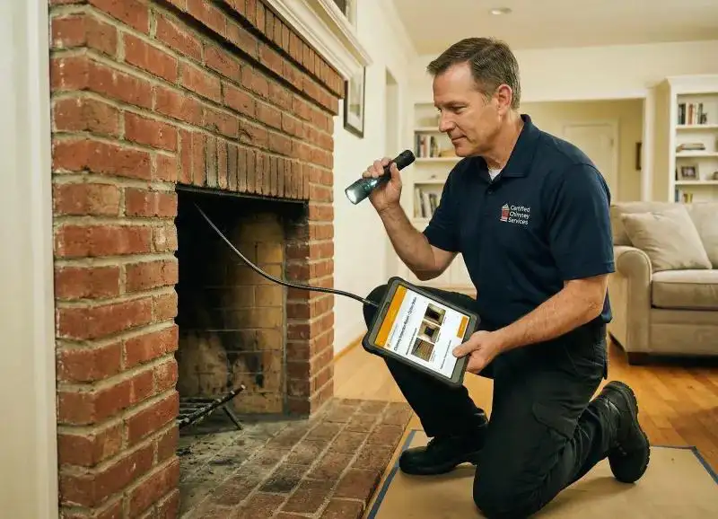 Chimney professional inspecting a residential fireplace flue before winter use.