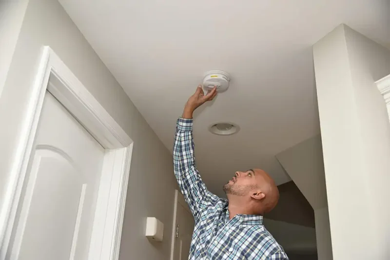 Homeowner testing a smoke alarm as part of winter home fire safety preparation.