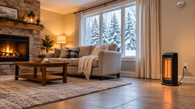 Portable electric space heater positioned away from curtains, furniture, and other combustible materials.