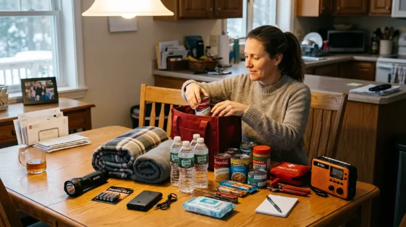 Winter emergency kit with flashlights, batteries, blankets, food, water, and other supplies for a power outage.