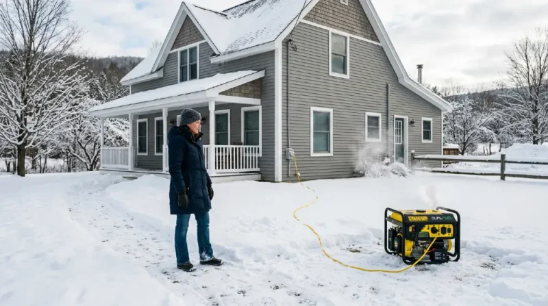 Portable generator operating safely outdoors several feet away from a snow-covered home during a winter power outage.