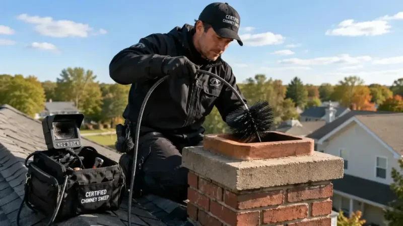 Chimney professional inspecting a residential chimney before the winter heating season.