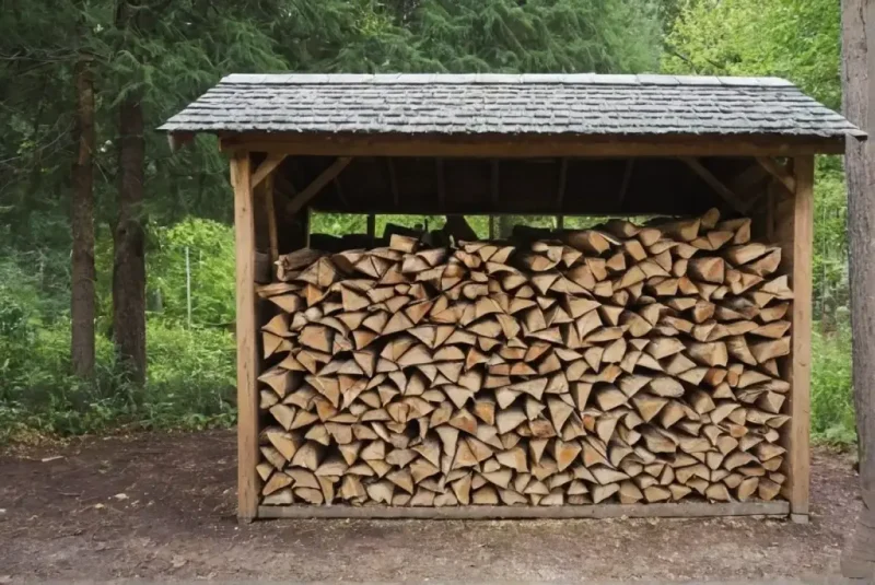 Seasoned firewood stacked off the ground under a covered wood shelter with open sides for airflow.