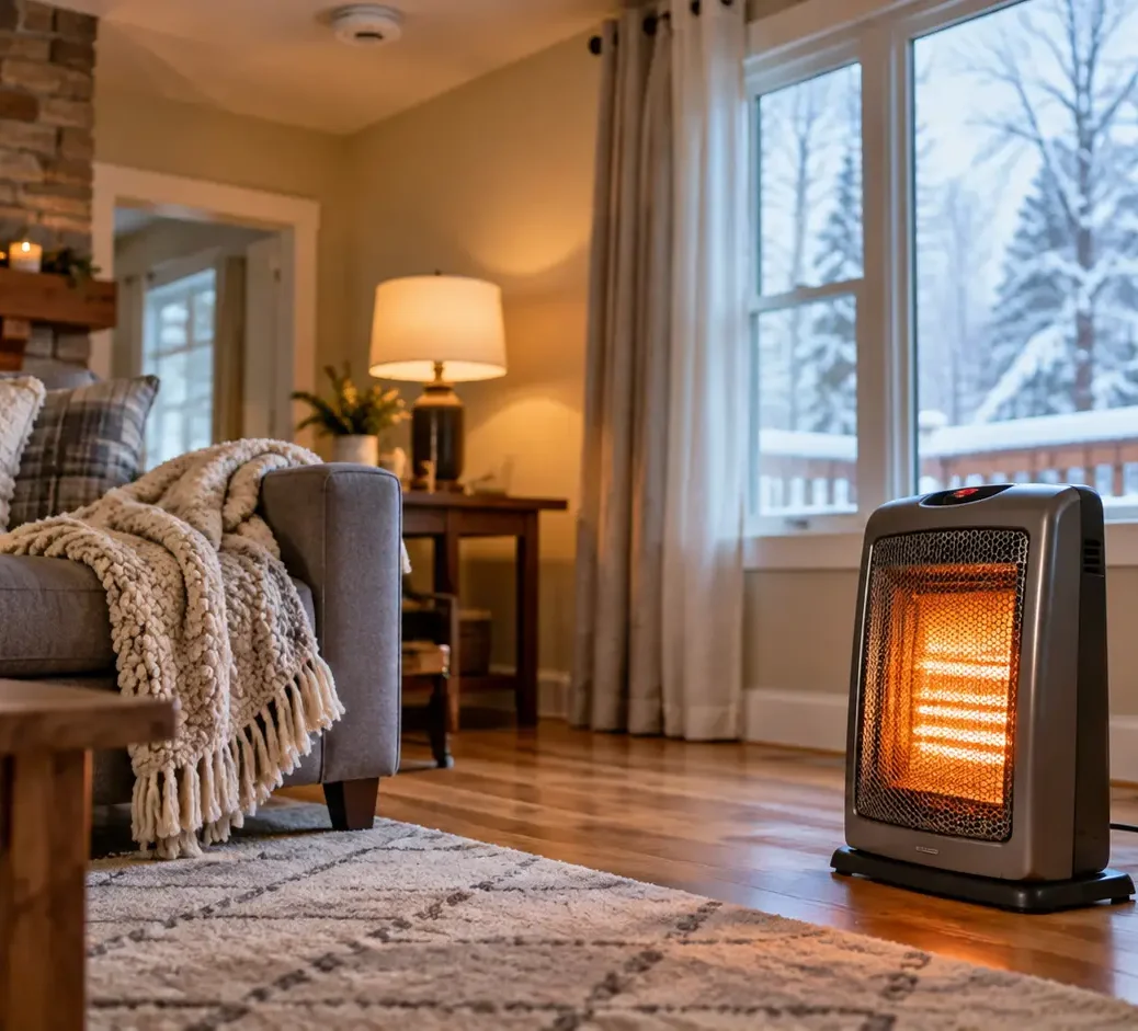 Cozy winter living room with a fireplace and portable space heater illustrating home fire and heating safety.