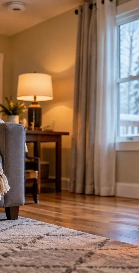 Cozy winter living room with a fireplace and portable space heater illustrating home fire and heating safety.