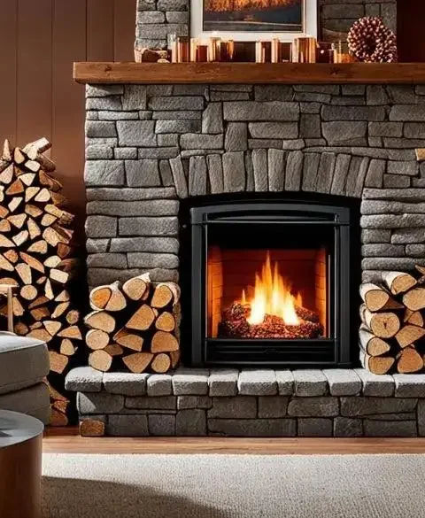 Stone fireplace burning safely in a cozy winter living room with seasoned firewood nearby.